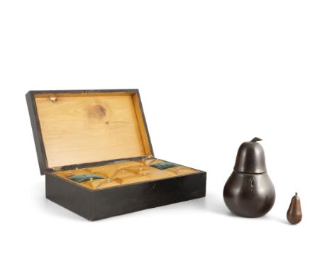 A VICTORIAN TREEN TEA CADDY, in the form of a pear, 18cm high; together with a small treen pear-shaped nutmeg grater, 6.6cm h