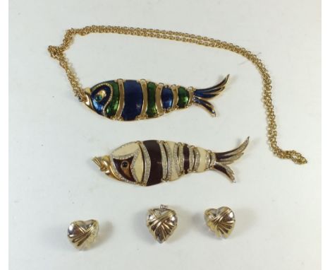 A silver heart form pendant and pair of matching earrings (for pierced ears) plus two enamel fish pendants