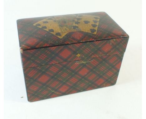 A Stuart Tartan Ware playing card box with two packs of linen playing cards,