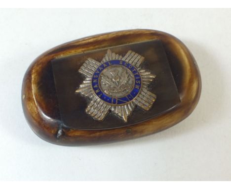 A WWI South African Transvaal Scottish Trench Art horn snuff box, carved to verso 'Delville Wood 1916'
