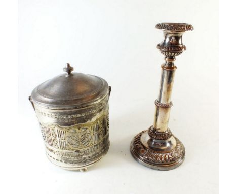 A 19th century Sheffield plated telescopic candlestick together with a silver plated barrel with glass liner