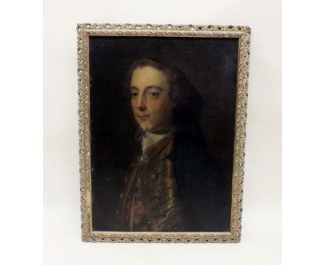 An 18th century oil on canvas portrait of a young man in gilt braided waistcoat 60 x 44cm