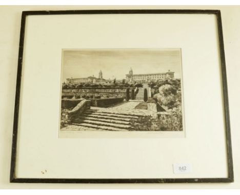 Hilda Mary Pemberton (exh 1897-1940) - pencil etching of the Union Buildings , Pretoria, signed, 18 x 28cm