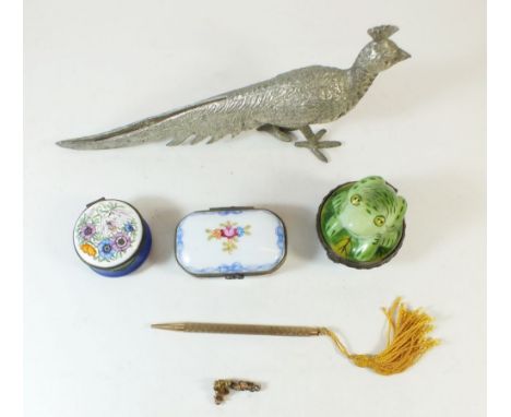 A group of collectables including three enamel boxes , a gold plated propelling pencil, a silver plated peacock and a small g