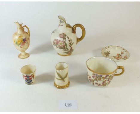 A selection of small Royal Worcester ivory blush items including teacup, ewer, pin dish, jug, mostly a/f