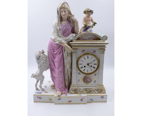 A MEISSEN PORCELAIN CASED MANTLE CLOCK WITH FEMALE FIGURE, CHILD AND DOG. THE CASE AND PLINTH DECORATED WITH SCENES, BIRDS AN