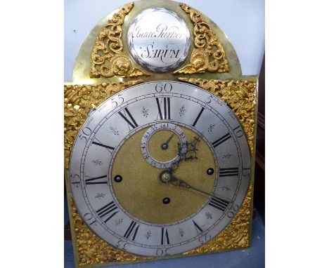 AN 18th.C.MAHOGANY LONGCASE CLOCK WITH ARCHED BRASS DIAL, SILVERED CHAPTER RING AND NAMED ISAAC PARKER SARUM (SALISBURY). c.1