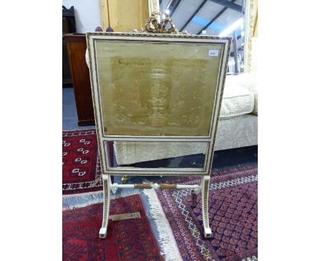A 19th.C.FIRESCREEN WITH INSET SILK PANEL, THE FRAME WITH GILT AND WHITE PAINT DECORATION TOGETHER WITH A FURTHER OAK FRAMED 