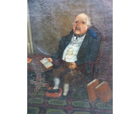 BRITISH NAIVE SCHOOL.   PORTRAIT OF A GENTLEMAN READING, OIL ON CANVAS.   60 x 44.5cms.