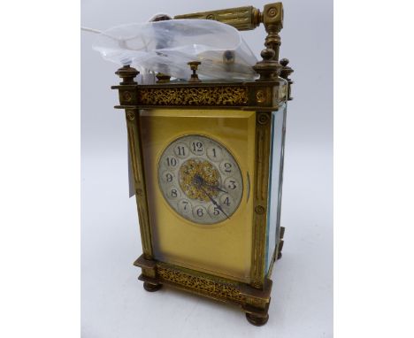 A LATE 19th.C.BRASS CASED FIVE GLASS CARRIAGE CLOCK WITH STRIKE REPEAT, GILT DIAL WITH MATT SILVERED CHAPTER RING.   OVERALL 