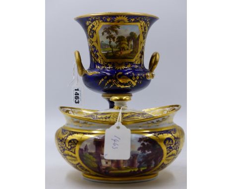 A DERBY CAMPANA SHAPED VASE PAINTED WITH A SCENE ENTITLED NEAR DUMBAR SCOTLAND.    H.17cms AND A LIDDED DERBY SUCRIER PAINTED