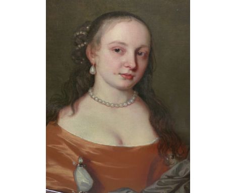 ATTRIBUTED TO JOHN HAYLS ( HAYLES) (1600-1679) PORTRAIT OF AN UNIDENTIFIED LADY HALF LENGTH WEARING A SILK DRESS. INDISTINCTL