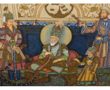 INDO PERSIAN SCHOOL.  A COURTLY FIGURE WITH A HOOKAH PIPE FLANKED BY ATTENDANTS, WATERCOLOUR ON SILK., LAID DOWN.   50 x 86.5