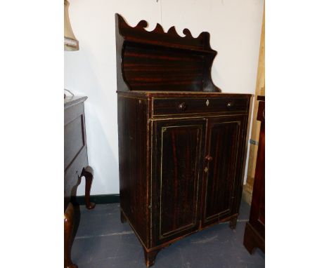 A REGENCY PAINTED PINE SMALL CHIFFONIER WITH RAISED SHELF GALLERY.   W.64 x H.127cms.