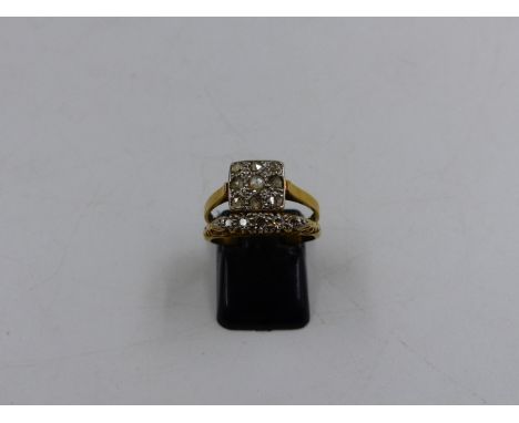 AN 18ct YELLOW GOLD AND PLATINUM NINE STONE OLD CUT DIAMOND RING, FINGER SIZE N TOGETHER WITH AN 18ct YELLOW GOLD CARVED HALF