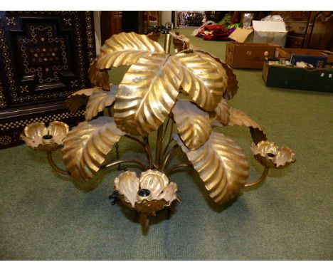 A GILT METAL FIVE LIGHT LEAF FORM CHANDELIER.   H.50cms.