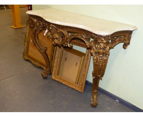 A 19th.C. FRENCH LOUIS XV STYLE GILT MARBLE TOP CONSOLE TABLE OF SERPENTINE FORM.   H.87cms.  W.127cms.