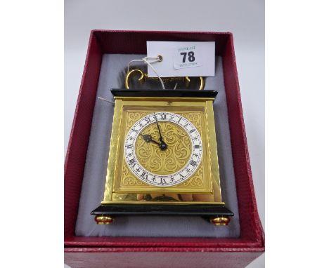 A VINTAGE LUXOR DRESSING TABLE CLOCK OF CARRIAGE CLOCK FORM CONTAINED IN ORIGINAL BOX WITH PAPERWORK.