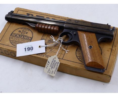 A BENJAMIN MODEL 160 .177 REPEATER AIR PISTOL WITH ORIGINAL BOX AND PELLETS.