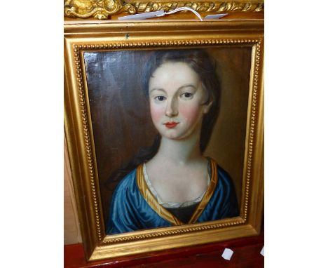 OLD MASTER SCHOOL   BUST LENGTH PORTRAIT OF A LADY IN BLUE DRESS, OIL ON PANEL.    33 x 26.5cms.