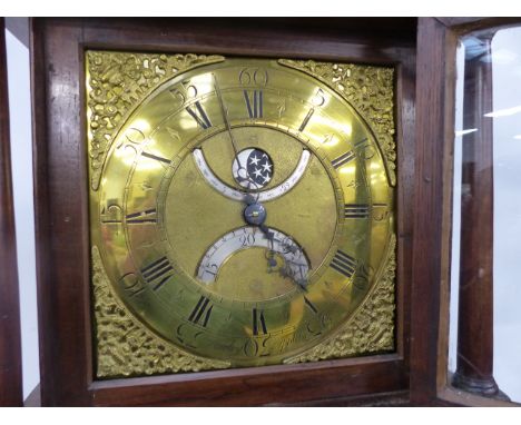 AN 18th.C.30 HOUR LONGCASE CLOCK WITH 28cms BRASS DIAL, SUBSIDARY SILVERED PENNY MOON PHASE, LUNAR DATE AND DATE, UNUSUALLY W