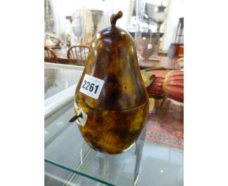 A TREEN PEAR FORM TEA CADDY WITH PAINTED DECORATION AND FOIL LINED.   H.18cms.