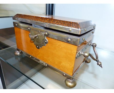 AN INTERESTING MAPLE WOOD AND SILVER PLATE MOUNTED VICTORIAN TEA CADDY.