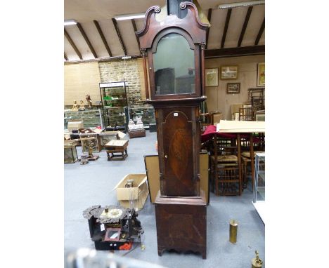 A LATE GEORGIAN MAHOGANY CASED 8-DAY LONGCASE CLOCK WITH 13" PAINTED ARCH DIAL WITH MOONPHASE, SUBSIDERY SECONDS AND DATE APP
