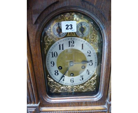 A VICTORIAN OAK CASED MANTLE CLOCK WITH 3 TRAIN CHIMING MOVEMENT TOGETHER WITH A SMALL BRACKET CLOCK BY ELLIOTT FOR GARRARD &
