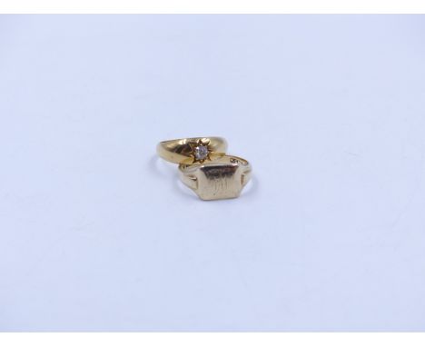 AN 18ct YELLOW GOLD DIAMOND GYPSY RING, (FINGER SIZE M) TOGETHER WITH A 9ct CUSHION SHAPE SIGNET RING (FINGER SIZE M 1/2) AND
