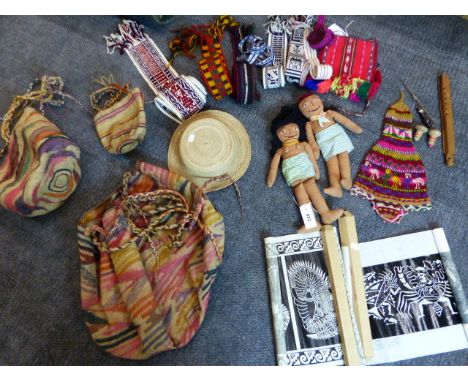 TWO SOUTH AMERICAN, SANTO,DOMINGO DE LOS COLORADOS  HAND MADE DOLLS,AN ECUADORIAN WOVEN STRAW HAT, A CH,ULLU WOVEN WOOL HAT, 