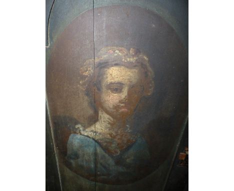 AN 18th.C.OAK PANEL DOOR CORNER CABINET, THE INTERIOR PAINTED WITH A PERIOD PORTRAIT OF A YOUNG LADY.   W.82 x H.135cms.