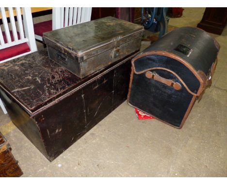 AN ANTIQUE LEATHER BOUND DOME TOP TRUNK, VARIOUS TIN TRUNKS,ETC.
