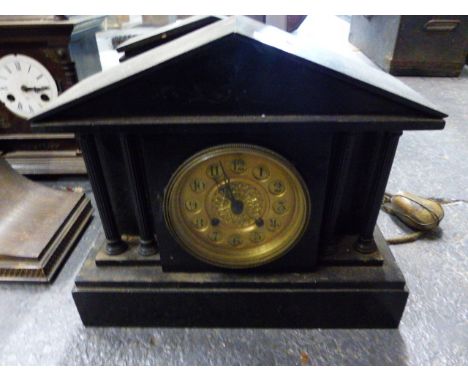 A GROUP OF CLOCKS TO INCLUDE THREE VICTORIAN SLATE MANTLE CLOCKS, A NAPOLEON HAT CLOCK, AN AMERICAN WALL CLOCK AND A 17th.C.S