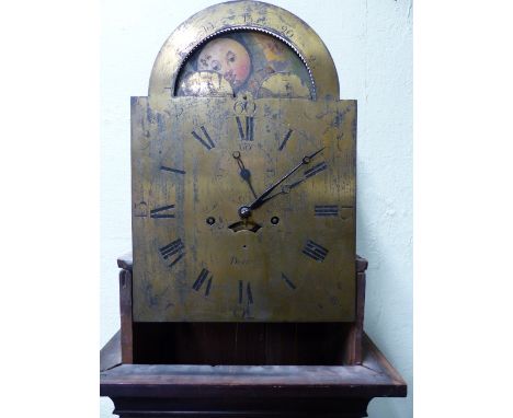 A LATE GEORGIAN MAHOGANY CASED LONGCASE CLOCK WITH 8-DAY MOVEMENT, 12 " ARCH DIAL SIGNED P.STRATTON, DEVIZES. MOON PHASE TO T