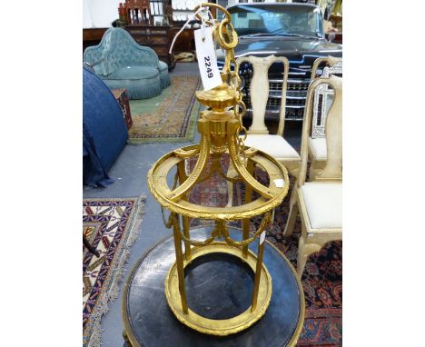 A GILT METAL FRENCH STYLE HALL LANTERN FRAME.   H.55cms.