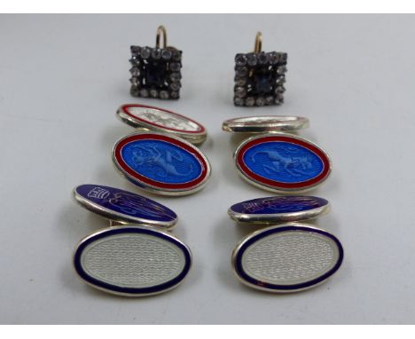 TWO PAIRS OF  HALLMARKED SILVER AND ENAMELLED CUFFLINKS TOGETHER WITH A PAIR OF SCREW BACK EARRINGS.   