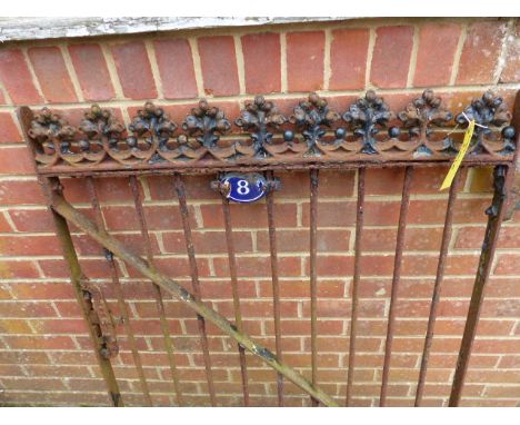 A WROUGHT IRON GARDEN GATE WITH ENAMEL No.8 PLAQUE.
