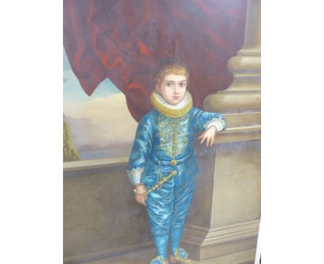 20th.C. SCHOOL FULL LENGTH PORTRAIT OF A YOUNG  BOY IN ELIZABETHAN ATTIRE, OIL ON BOARD.   196.5 x 128cms.