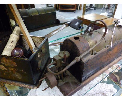 A VINTAGE STEAM ENGINE WITH BRASS BOILER TOGETHER WITH A CASED SET OF IVORY MINIATURE RULERS, A TEA CADDY,  PAPERWEIGHTS,ETC.