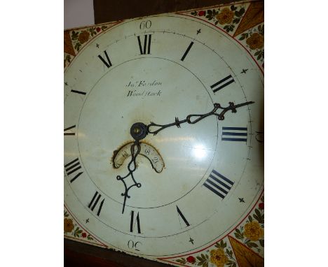 A GEORGIAN OAK CASED 30 HOUR LONGCASE CLOCK WITH 11" PAINTED DIAL SIGNED JNO FARDON, WOODSTOCK.   H.187cms.