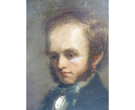 19th.C.ENGLISH SCHOOL.   PORTRAIT OF A YOUNG GENTLEMAN IN A BLACK SUIT AND BLUE CRAVAT, OIL ON CANVAS.   74 x 61cms.