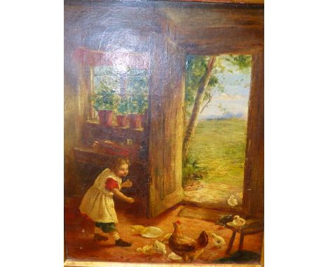 ENGLISH SCHOOL (19th.C.)   CHILD FEEDING CHICKENS IN A COTTAGE INTERIOR, OIL ON CANVAS     24 x 19cms. (20th.C. PLAQUE ON FRA