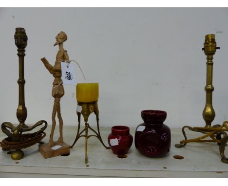 A NEAR PAIR OF ARTS AND CRAFTS BRASS DESK LAMPS, ELECTRIFIED.   H.32cms. TOGETHER WITH A CANDLESTICK, TWO PIECES OF POTTERY A