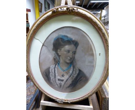 19th.C.ENGLISH SCHOOL.  AN OVAL PORTRAIT OF A LADY IN PASTELS WITH SIGNATURE AND DATE INDISTINCT.   55 x 52cms.