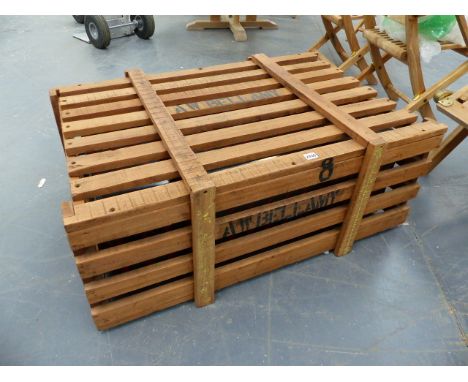 AN INTERESTING MILITARY LARGE TIN TRUNK IN UNUSED CONDITION AND CONTAINED IN ORIGINAL TEAK CRATE, NOW WITH GLASS TOP AS A COF