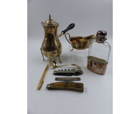 A SILVER HALLMARKED CHOCOLATE POT IN THE FRENCH MANNER, DATED 1917 LONDON,TOGETHER WITH A SILVER AND CUT GLASS HIP FLASK, A S