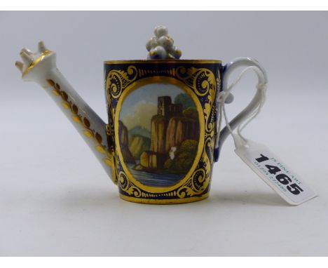 A DERBY MODEL OF A WATERING CAN WITH PAINTED RURAL SCENES.   H.8cms.