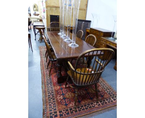 A SET OF SIX 19th.C.STYLE BEECH AND ELM WINDSOR STICK BACK DINING HAIRS TO INCLUDE TWO ARMCHAIRS.