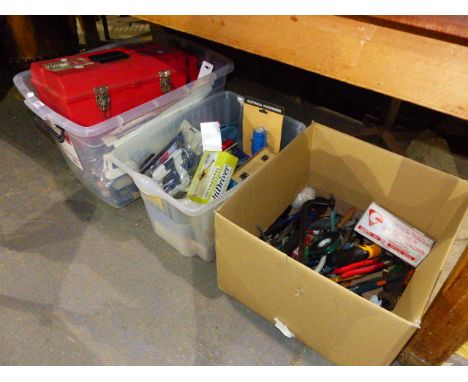 THREE LARGE BOXES OF VARIOUS WORKSHOP AND OTHER TOOLS, MANY IN UNUSED CONDITION.